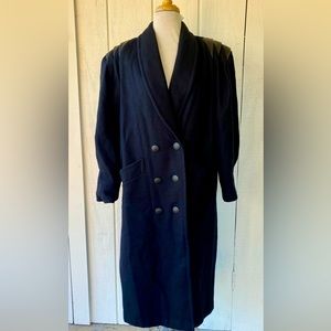 VTG 80s Joffeld Black Wool Blend Coat Leather Trim Double Breast Women’s L